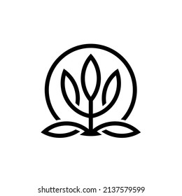 Circle tree logo icon template design. Round garden plant natural line symbol. Green branch with leaves logo concept.