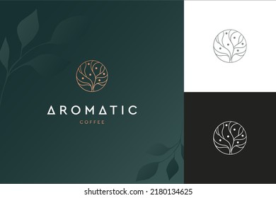 Diseño de la plantilla de icono del logotipo del árbol de círculo. Símbolo de línea natural de la planta de jardín redondo. Rama verde con la salida del signo del negocio. Ilustración vectorial.