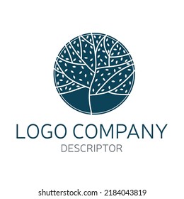 Circle tree logo icon template design. Round garden plant natural line symbol. Green branch with leaves business sign. Vector illustration.