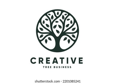 Circle tree logo icon template design. Round garden plant natural line symbol. Green branch with leaves business sign. Vector illustration.