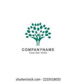 Circle tree logo icon template design. Round garden plant natural line symbol. Green branch with leaves business sign. Vector illustration.