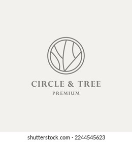 Circle tree logo icon template design. Round garden plant natural line symbol.
