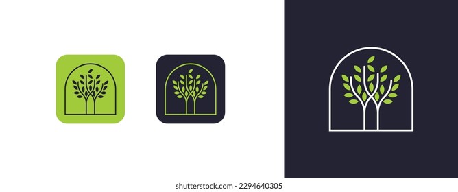 Circle tree logo icon template design. Round garden plant natural line symbol. Green branch with leaves business sign. Vector illustration. Emblem logo.