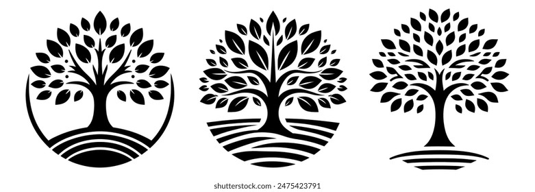 Circle tree logo icon template design. Tree of life. Round garden plant natural line symbol. Green branch with leaves business sign. Vector illustration.