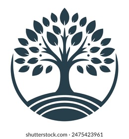 Circle tree logo icon template design. Tree of life. Round garden plant natural line symbol. Green branch with leaves business sign. Vector illustration.