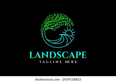 Circle Tree Ocean Landscape Logo Design vector icon symbol illustrations. A multifunctional logo that can be used in many business companies and services. It is ready to print.