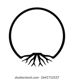 Circle tree roots border frame icon. A circular nature symbol with copy space. Isolated on a white background.