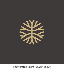 Circle tree roots wood minimalist gold logo isolated on a black background design inspiration	