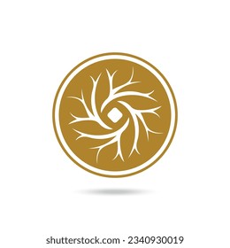 Circle tree roots wood minimalist logo isolated on a white background. Gold Circle tree roots design.