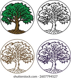 Circle tree vector set with hand-drawn style. Includes green and outline versions. Perfect for eco design, natural logos, environment icons, and tree illustrations