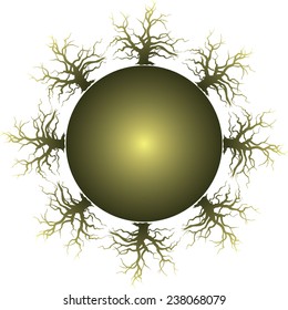 Circle of trees around sphere, planet, vector illustrations, isolated on white.
