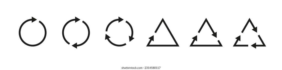 Circle and triangle arrow icon set. Rotating, refresh, reload, arrow signs. Spinning symbol. Vector illustration.