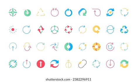 Las flechas de círculo y triángulo son iconos planos que establecen la ilustración vectorial. Dibujar símbolos de ciclo y reinicio, circulación y proceso de regeneración, signo de reciclaje y diagrama de bucle de actualización web.