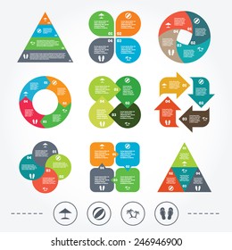 Circle and triangle diagram charts. Beach holidays icons. Ball, umbrella and flip-flops sandals signs. Palm trees symbol. Background with 4 options steps. Vector