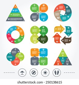 Circle and triangle diagram charts. Beach holidays icons. Ball, umbrella and flip-flops sandals signs. Summer sun symbol. Background with 4 options steps. Vector