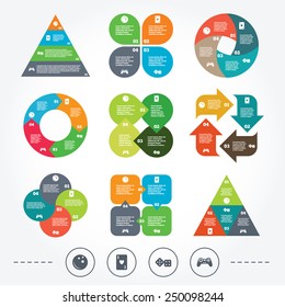 Circle and triangle diagram charts. Bowling and Casino icons. Video game joystick and playing card with dice symbols. Entertainment signs. Background with 4 options steps. Vector