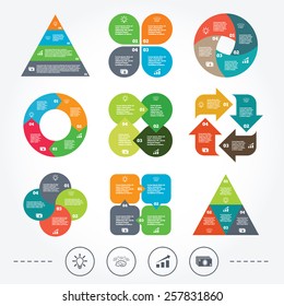 Circle and triangle diagram charts. Chart with arrow, brainstorm icons. Cash money and lamp idea signs. Scheme and Diagram symbol. Background with 4 options steps. Vector