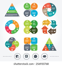 Circle and triangle diagram charts. Chat icons. Comic speech bubble signs. Communication think symbol. Background with 4 options steps. Vector