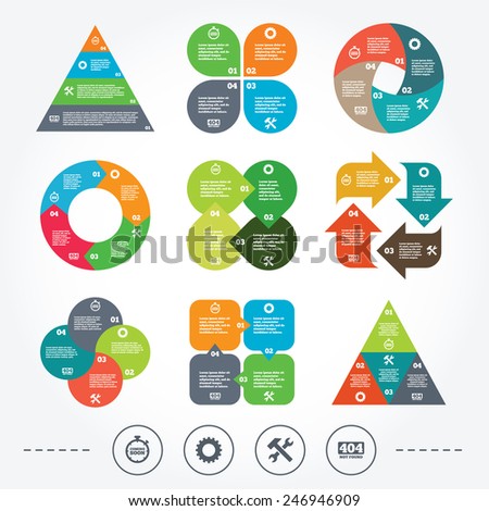 Circle and triangle diagram charts. Coming soon icon. Repair service tool and gear symbols. Hammer with wrench signs. 404 Not found. Background with 4 options steps. Vector