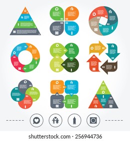 Circle and triangle diagram charts. Condom safe sex icons. Lovers couple signs. Male love female. Speech bubble with heart. Background with 4 options steps. Vector