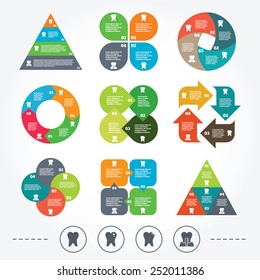 Circle And Triangle Diagram Charts. Dental Care Icons. Caries Tooth Sign. Tooth Endosseous Implant Symbol. Background With 4 Options Steps. Vector