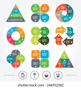 Circle and triangle diagram charts. Drinks icons. Coffee cup and glass of beer symbols. Wine glass and cocktail signs. Background with 4 options steps. Vector