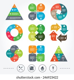 Circle and triangle diagram charts. Food icons. Muffin cupcake symbol. Fork and spoon sign. Glass of champagne or wine. Slice of cheese. Background with 4 options steps. Vector