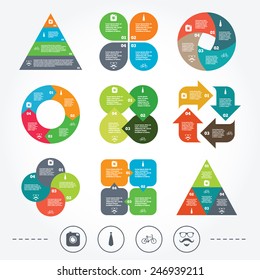 Circle and triangle diagram charts. Hipster photo camera. Mustache with beard icon. Glasses and tie symbols. Bicycle family vehicle sign. Background with 4 options steps. Vector