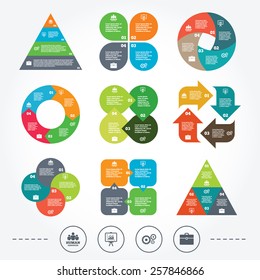 Circle and triangle diagram charts. Human resources and Business icons. Presentation board with charts signs. Case and gear symbols. Background with 4 options steps. Vector
