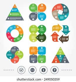Circle and triangle diagram charts. Information icons. Stop prohibition and question FAQ mark signs. Approved check mark symbol. Background with 4 options steps. Vector