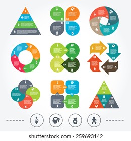 Circle and triangle diagram charts. Maternity icons. Baby infant, pregnancy and dress signs. Head with heart symbol. Background with 4 options steps. Vector