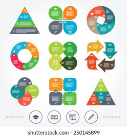 Circle and triangle diagram charts. Pencil and open book icons. Graduation cap symbol. Higher education learn signs. Background with 4 options steps. Vector