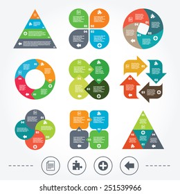 Circle and triangle diagram charts. Plus add circle and puzzle piece icons. Document file and back arrow sign symbols. Background with 4 options steps. Vector