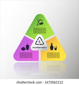 Gráficos de diagramas de círculo y triángulo. Iconos PP 5 de tapas de plástico, tubos, recipiente, frasco de ketchup. Signo de tereftalato de polietileno de alta densidad. Símbolo de reciclaje. Fondo especular. Vector