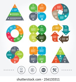 Circle and triangle diagram charts. Repair fix tool icons. 24h Customer support service signs. 100% quality guarantee symbol. Hammer with wrench key. Background with 4 options steps. Vector