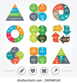 Circle and triangle diagram charts. Safe sex love icons. Condom and package symbol. Sperm sign. Fertilization or insemination. Background with 4 options steps. Vector