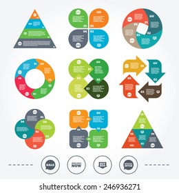 Circle and triangle diagram charts. Sale icons. Special offer speech bubbles symbols. Buy now arrow shopping signs. Available now. Background with 4 options steps. Vector