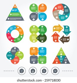 Circle and triangle diagram charts. Speech bubble smile face icons. Happy, sad, cry signs. Happy smiley chat symbol. Sadness depression and crying signs. Background with 4 options steps. Vector
