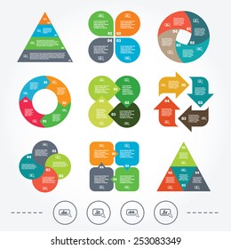 Circle and triangle diagram charts. Top-level internet domain icons. De, It, Es and Fr symbols with cursor pointer. Unique national DNS names. Background with 4 options steps. Vector