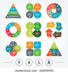 Circle and triangle diagram charts. WC toilet icons. Human male or female signs. Baby infant or toddler. Disabled handicapped invalid symbol. Background with 4 options steps. Vector