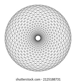 Circle with triangle Fibonacci pattern. Circular area, formed by arcs, arranged in spiral form, crossed by circles, creating bend triangles, with a small circle in the center, like a pine cone shape.