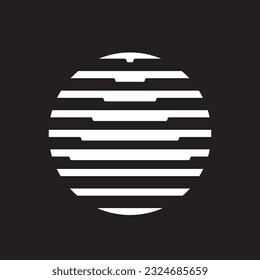 Circle and triangle halftone minimal design pictogram isolated on black background. Stylish emblem, Vector sphere with triangle for web designs.