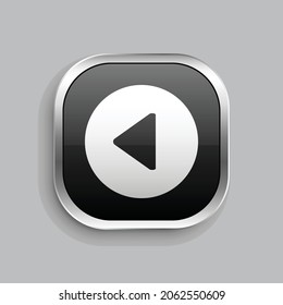 Kreisdreieck links Symbol Design. Glossy Button-Stil abgerundetes Rechteck einzeln auf grauem Hintergrund. Vektorgrafik