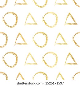 Circle and triangle shapes gold foil hand drawn seamless vector background. Geometric elements drawn with brush stroke repeating pattern. Golden metallic elegant texture isolated on white backdrop