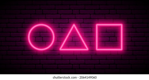 Circle, triangle and square shape in neon style. Glowing geometric shapes on dark brick wall background. Vector illustration.