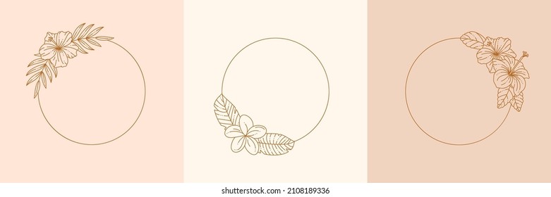 Circle Tropical Frames with Hibiscus and Frangipani Flowers. Vector Monogram in Minimal Linear Style. Floral Borders Copy Space for letter or text.