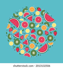 Un círculo de rodajas de frutas tropicales. Frutos resplandecientes rebanados. 