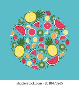 A circle of tropical fruit slices. Bright sliced fruits. 