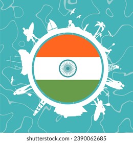Circle with tropical recreation relative silhouettes. Objects located around the circle. Human posing with surfboard, cruise ship, palm and lifeguard tower. India flag in the center.