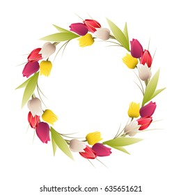 Circle tulip frame on white background. Decoration for greetings card.